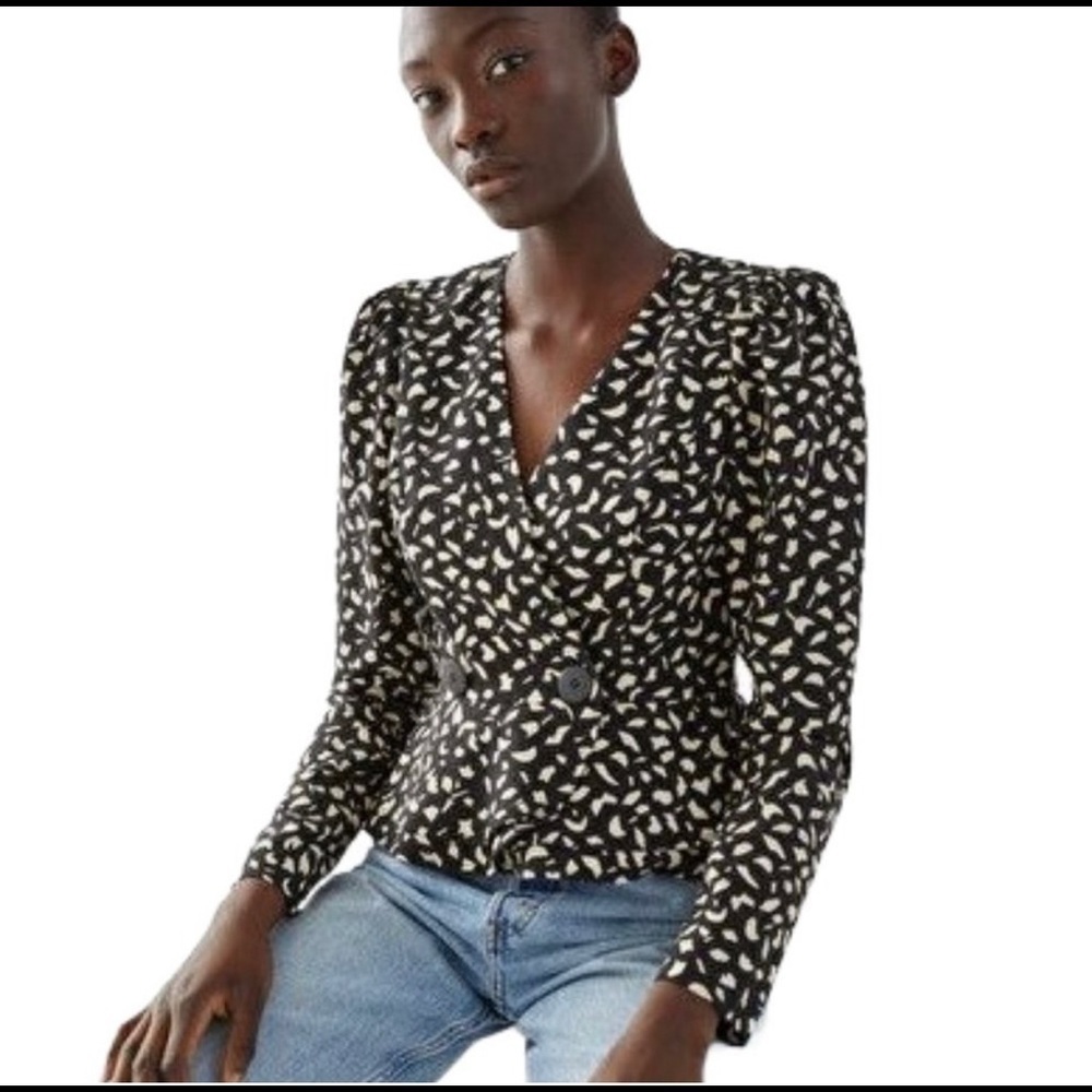 & Other Stories Women's Black White Long Sleeve V Neck Blazer Jacket Size 10